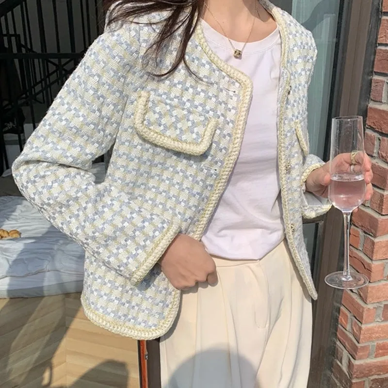 High Quality French Vintage Small Fragrance Tweed Jacket Coat Women's Spring Autumn Casual Fried Street Short Coat Plaid Outwear