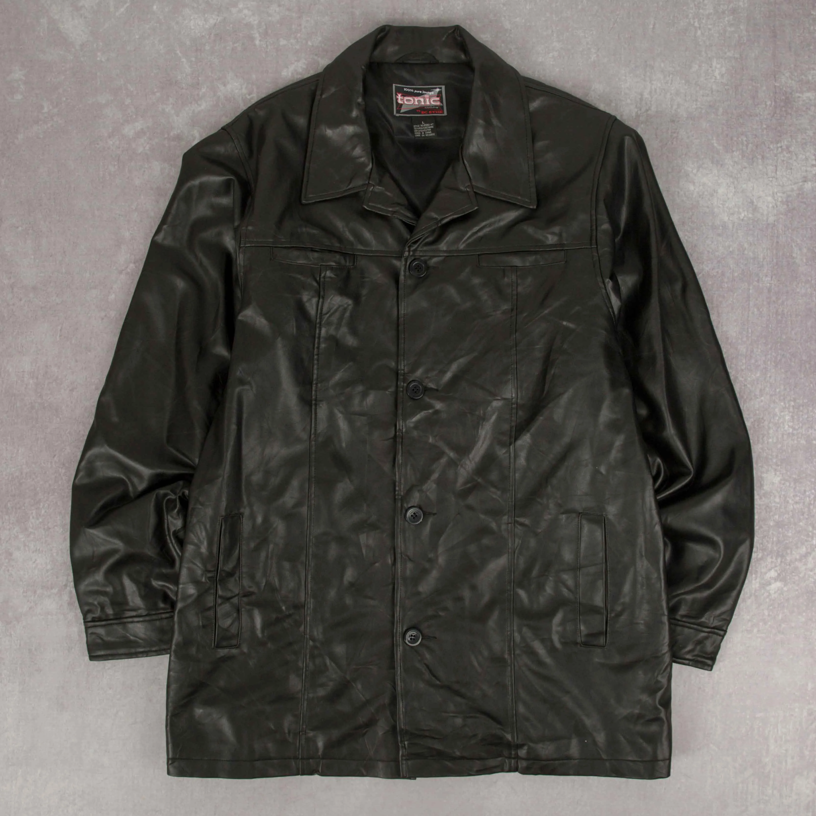 MEN'S VINTAGE FAUX LEATHER TRENCH JACKET - LARGE