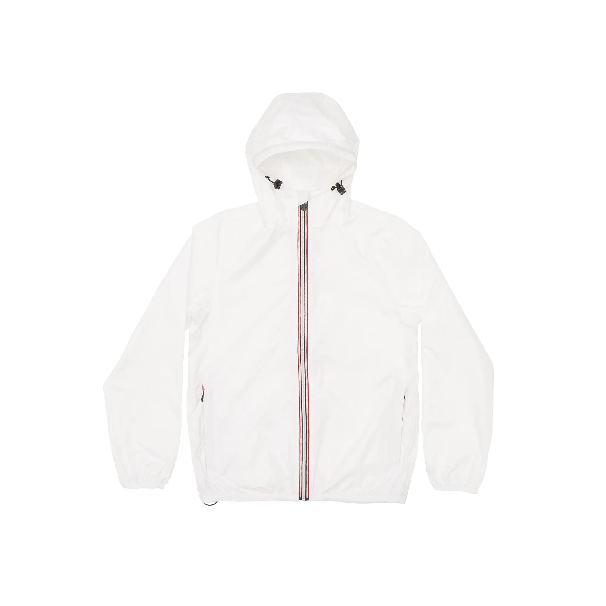 Men's white full zip packable rain jacket and windbreaker