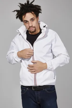 Men's white full zip packable rain jacket and windbreaker