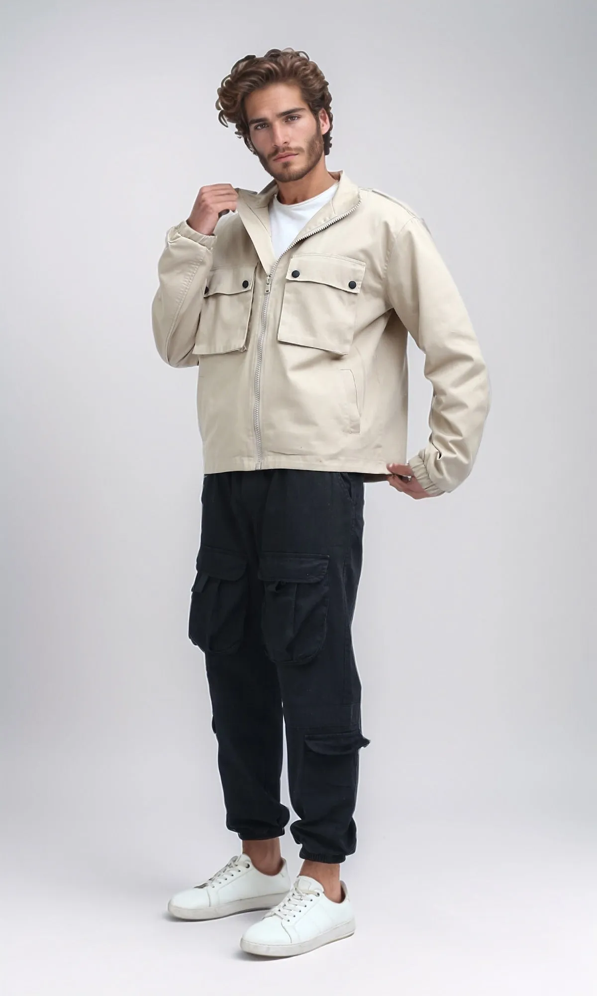 O197931 - Front Buttoned Multipockets Gabardine Jacket - Biege
