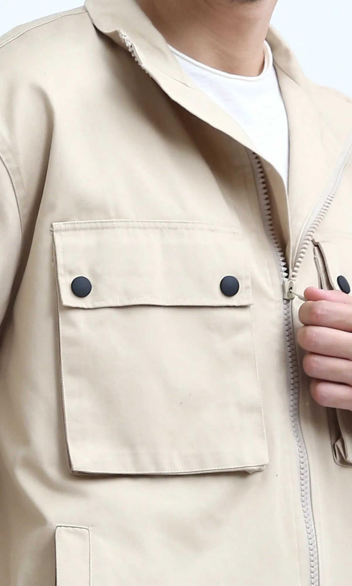 O197931 - Front Buttoned Multipockets Gabardine Jacket - Biege
