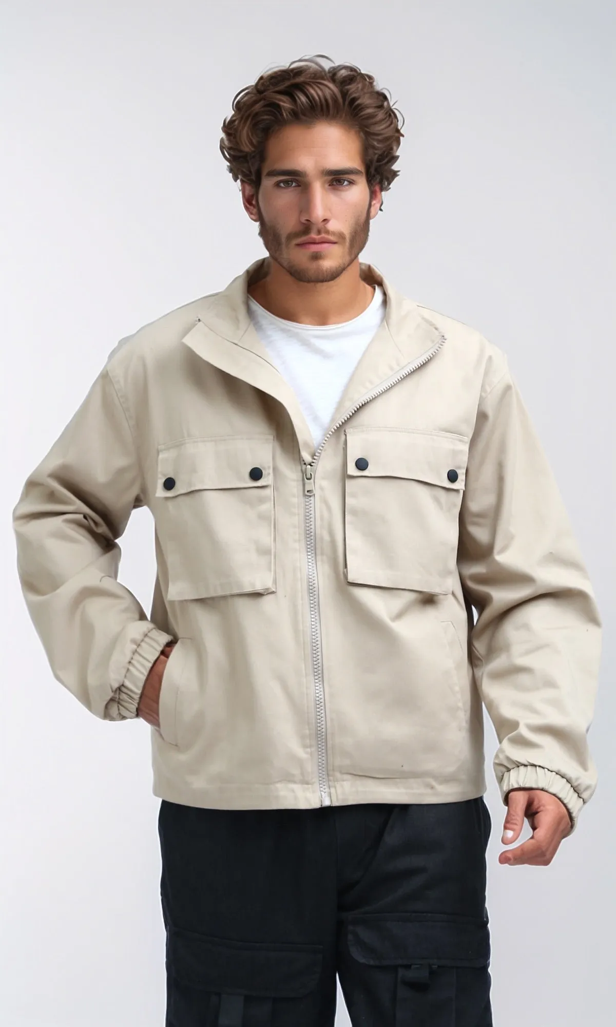 O197931 - Front Buttoned Multipockets Gabardine Jacket - Biege