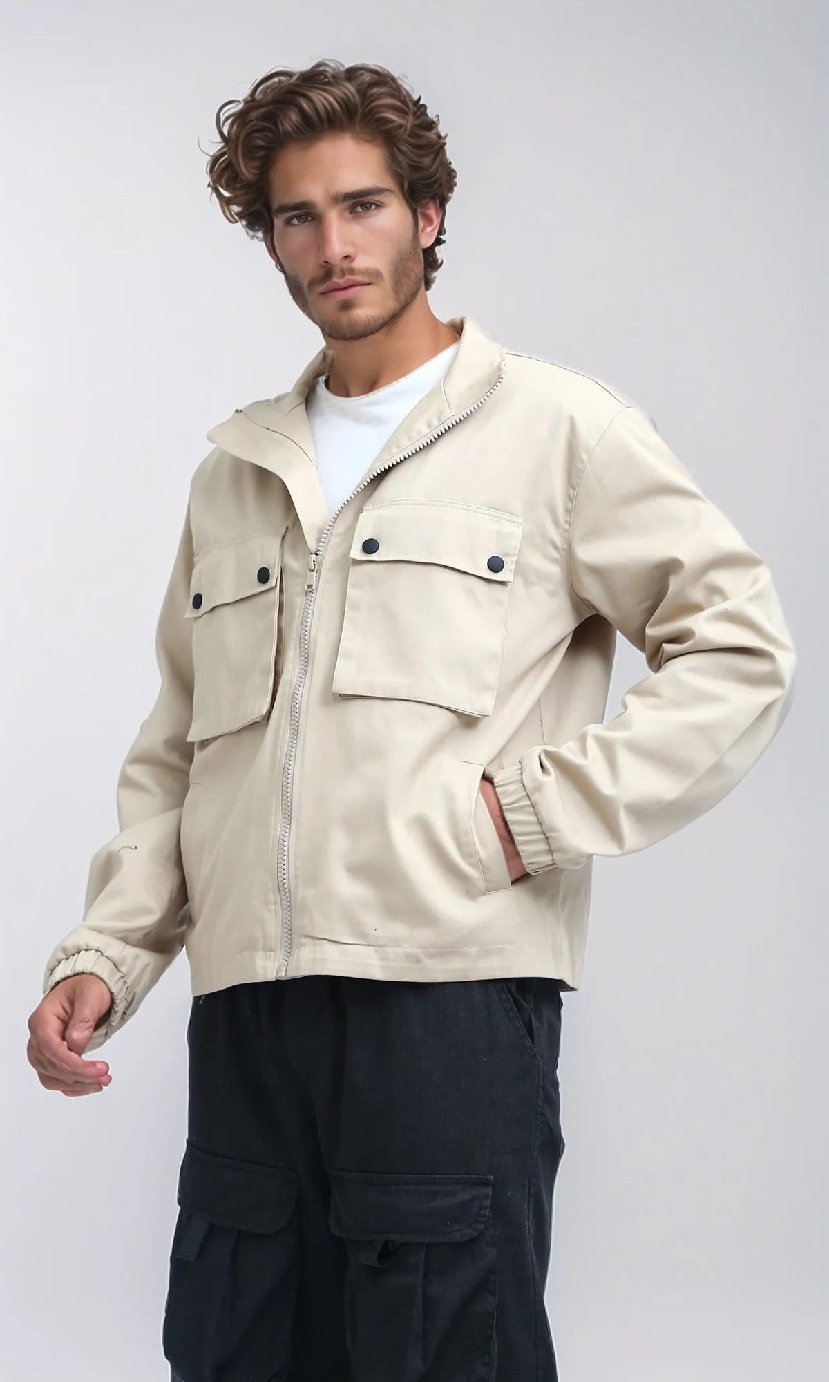 O197931 - Front Buttoned Multipockets Gabardine Jacket - Biege
