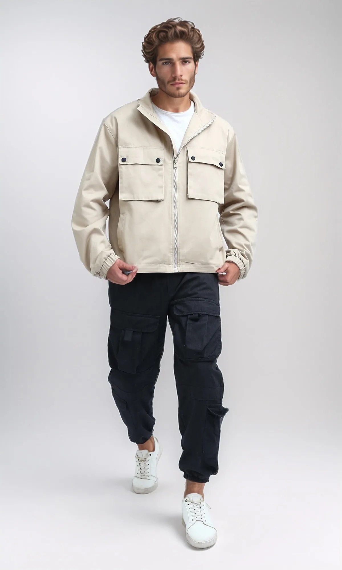 O197931 - Front Buttoned Multipockets Gabardine Jacket - Biege