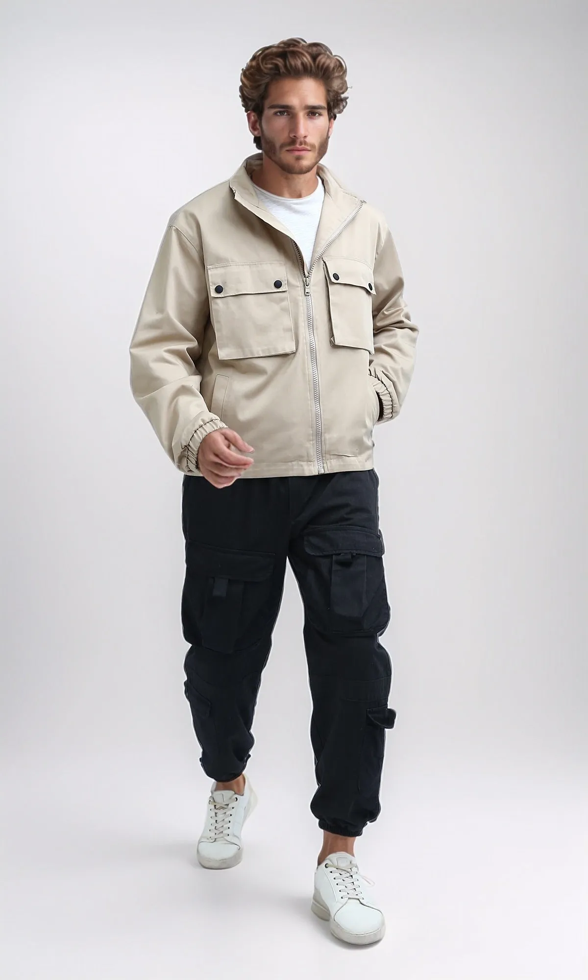 O197931 - Front Buttoned Multipockets Gabardine Jacket - Biege