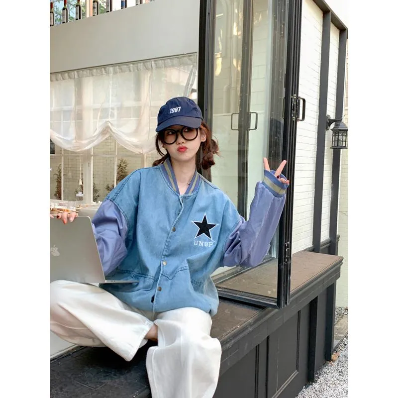 Preppy Style Niche Denim Varsity Jacket